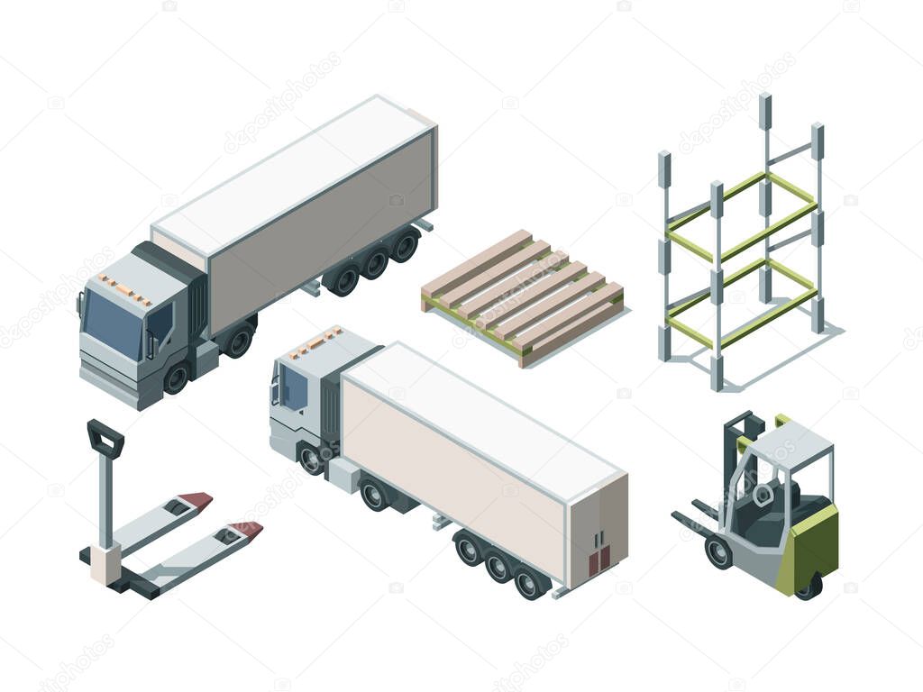 Trucks and warehouse equipment isometric vector illustration set