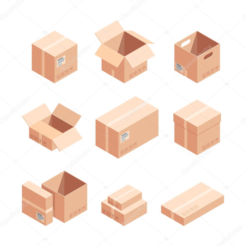 Relocation carton boxes isometric 3D vector illustrations set