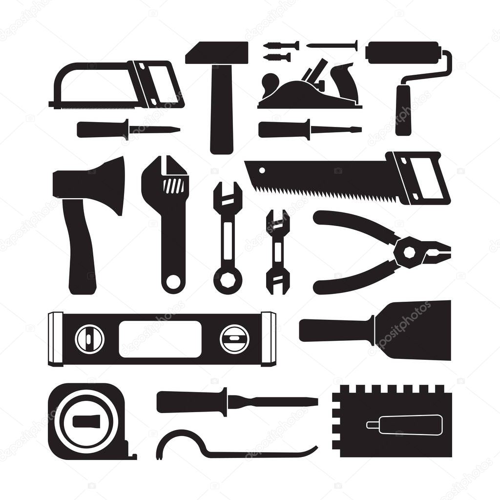 Different construction tools black glyph icons set