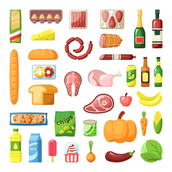 Todos los días supermercado alimentos surtido de artículos plana vector ilustraciones conjunto — Archivo Imágenes Vectoriales