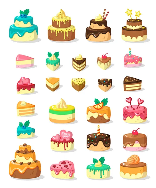 Layered cakes and slices flat vector illustration set — Stock Vector