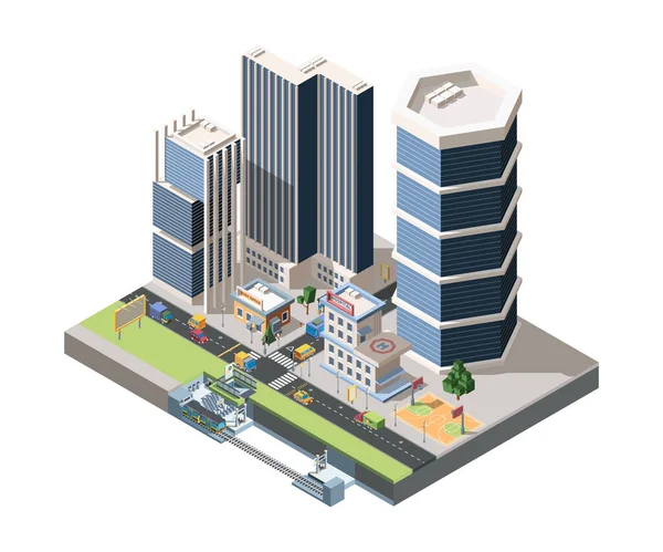 Megapolis peisaj stradal detaliat vector ilustrație izometrică — Vector de stoc