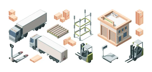 Lagerbyggnad, lastbilar och lastutrustning vektor isometrisk illustration set — Stock vektor