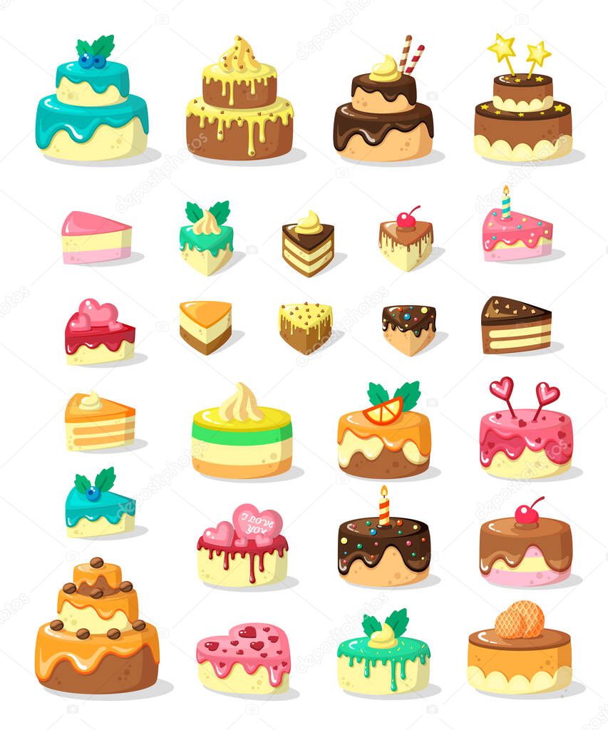 Layered cakes and slices flat vector illustration set
