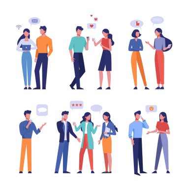 Canlı ve çevrimiçi iletişim düz vektör çizimleri ayarlandı