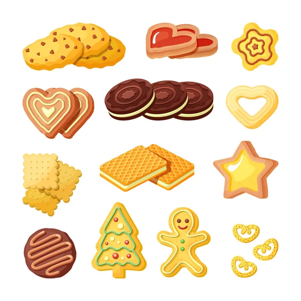 Deliciosas galletas, productos de panadería plana vector ilustraciones conjunto — Archivo Imágenes Vectoriales