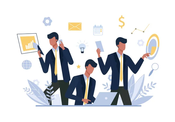 Multitasking uomo d'affari, ufficio lavoratore piatto vettoriale illustrazione — Vettoriale Stock