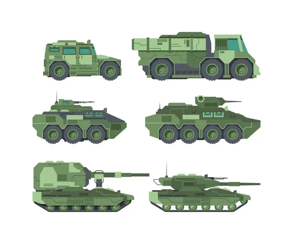 Serie illustrazioni vettoriali piatte di tipi di automobili militari — Vettoriale Stock