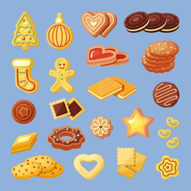 Bisküviler, abur cuburlar, fırın ürünleri düz vektör çizimleri