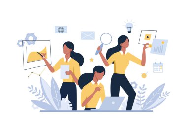 Birden fazla iş kadını, kadın ofis çalışanı düz vektör çizimi