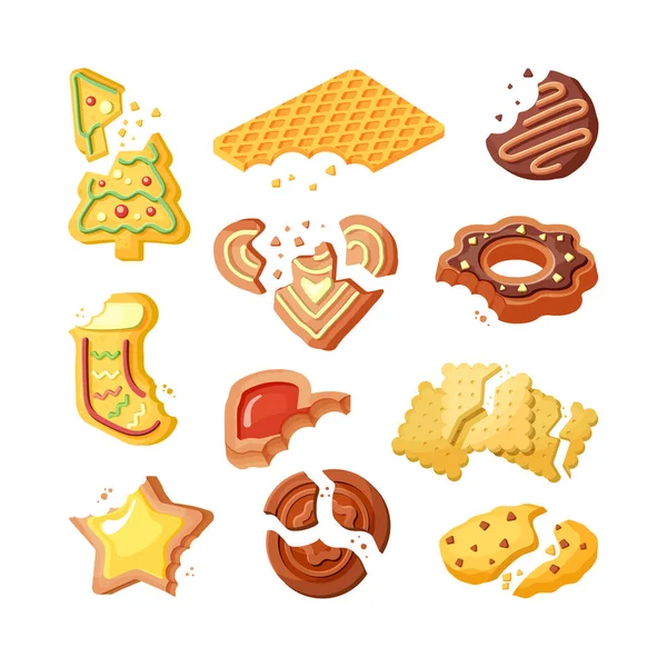 Galletas mordidas, galletas rotas vector plano ilustraciones conjunto — Archivo Imágenes Vectoriales