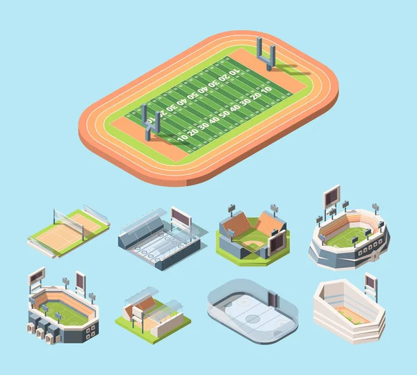 Sportpályák és stadionvektoros izometrikus illusztrációk készlete — Stock Vector