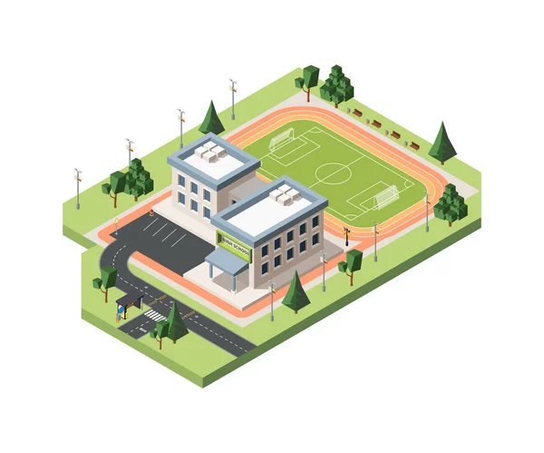 Middelbare school voetbal veld vector isometrische illustratie — Stockvector