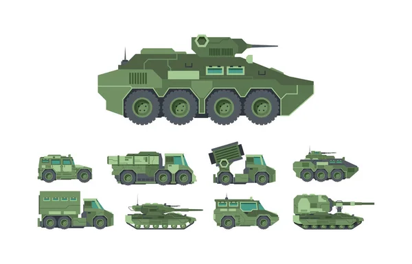 Coches militares, vehículos de guerra plana vector ilustraciones conjunto — Vector de stock