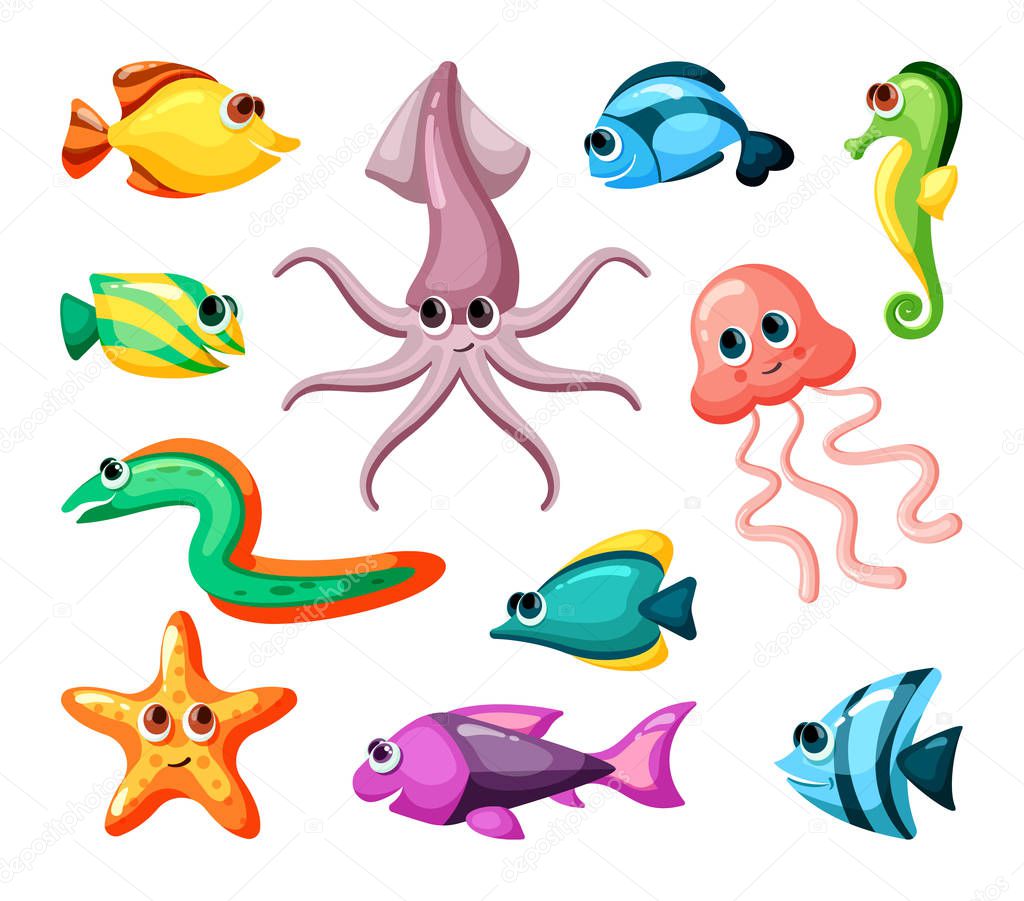 Undersea world colorful flat vector illustrations set