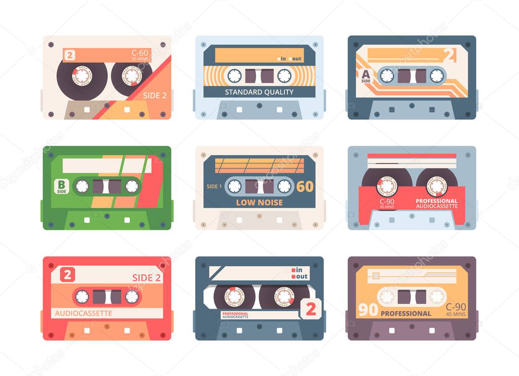 Compact cassette colorful flat vector illustration set