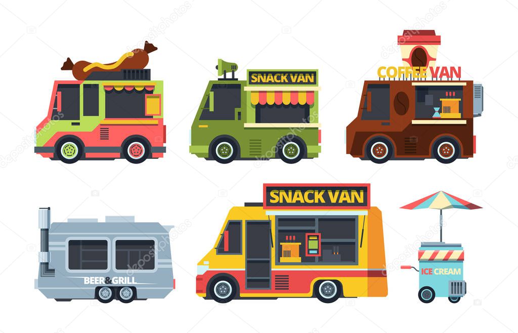 Food truck colorful flat vector illustrations set. Snack, beer and grill, sausage, ice cream, coffee vans collection isolated on white background. Food service vehicles, cars, automobiles