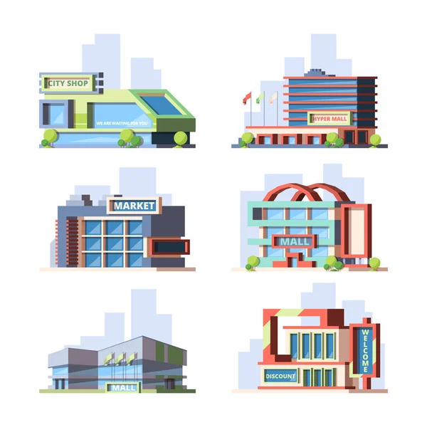 City shops and malls flat vector illustrations set — Stock Vector