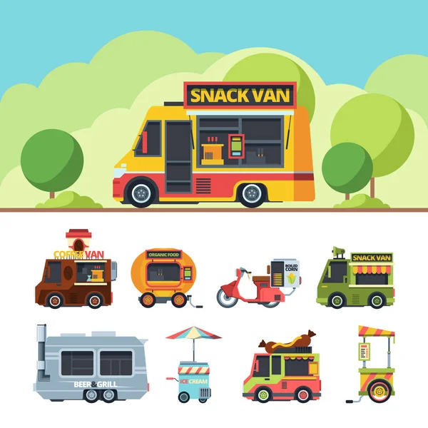 Caminhão de alimentos colorido conjunto de ilustrações vetoriais planas — Vetor de Stock