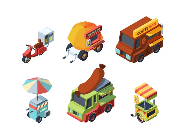 Food truck colorful isometric vector illustrations set — Stock Vector