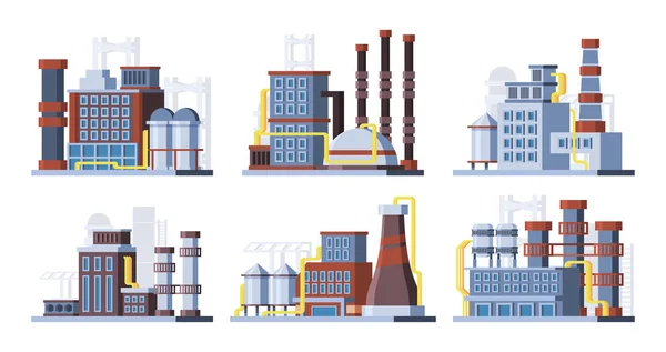 Manufacturing plants, factories colorful flat vector illustrations set — Stock Vector