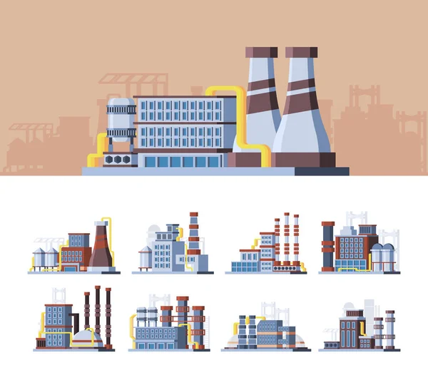 Промислові будівлі барвисті плоскі Векторні ілюстрації набір Ліцензійні Стокові Вектори