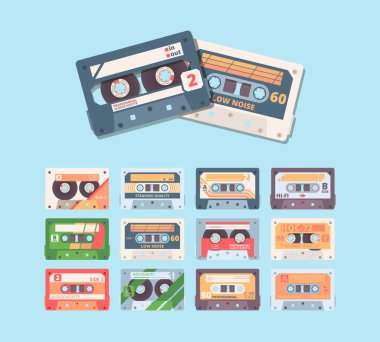 Retro kompakt kaset renkli düz vektör çizimi