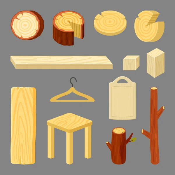 Accessoires en bois illustrations vectorielles de dessins animés isolés sur sombre — Image vectorielle