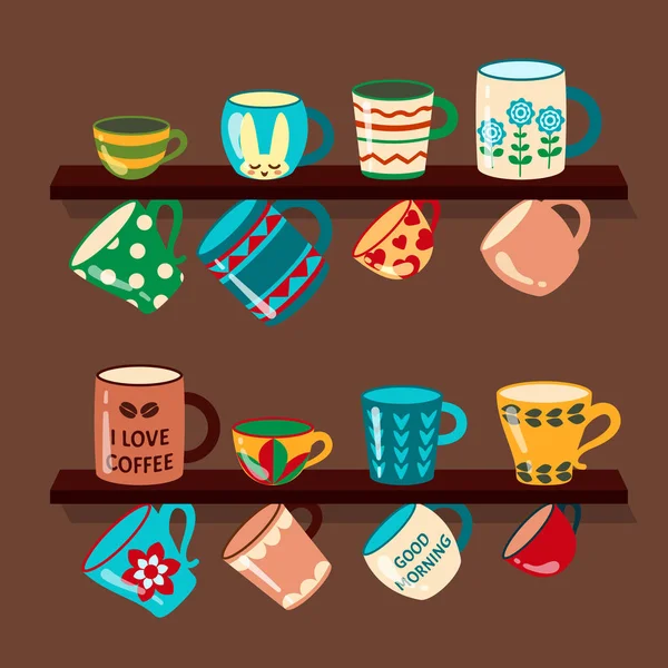 Tazze da caffè su scaffali collezione vettoriale in stile cartone animato — Vettoriale Stock