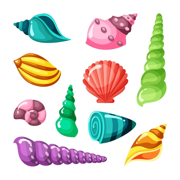 Concha marinha. verão mar ou oceano objetos vida subaquática concha concha. coleção de desenhos animados vetorial —  Vetores de Stock