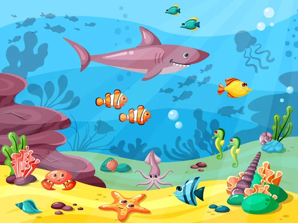 Подводная жизнь. Дикие животные в океане или морской воде, текущие большие маленькие рыбы морские водоросли кораллы ракушки. Векторный фон — стоковый вектор