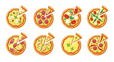 pizza top view. toppings sausage cheese vegetables for pizza traditional italian cousine fast food delicious vector set