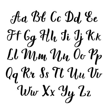 hand lettering. calligraphic alphabet script letters black ink brush material vector hand drawn letters isolated white