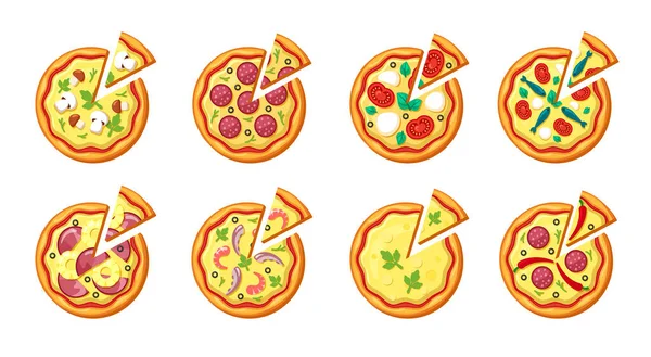 Pizza boven. toppings worst kaas groenten voor pizza traditionele Italiaanse cousine fast food heerlijke vector set — Stockvector