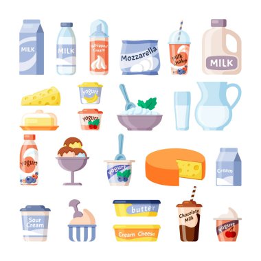 dairy products. milk cheese yogurt lecho ice cream. Healthy natural farm products daily breakfast. vector set