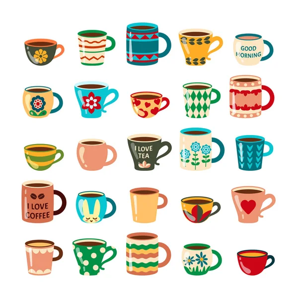 Canecas de café. copos coloridos decorados cozinha móveis pratos de café. canecas de padrão étnico. ilustrações de desenhos animados vetoriais —  Vetores de Stock