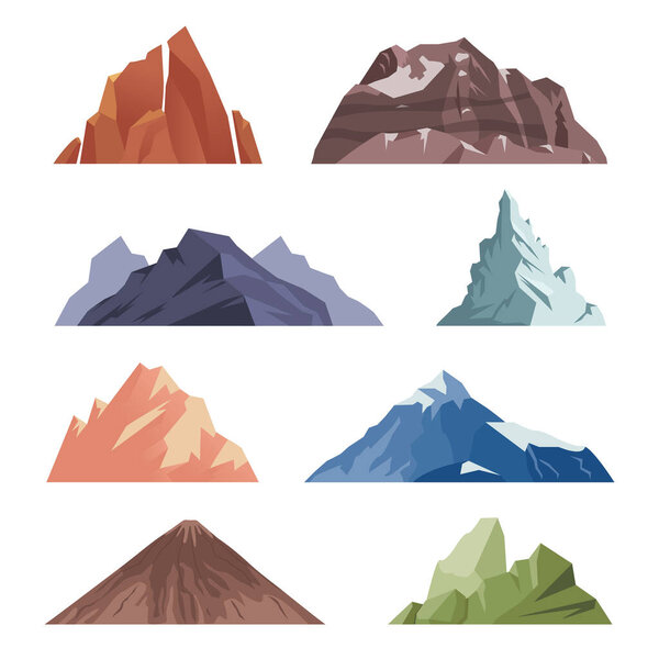 cartoon Mountain. outdoor rocks landscape for extreme climbing expeditions. vector different mountains isolated on white