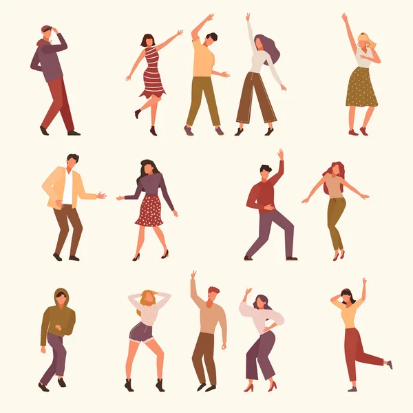 Dancing people. young persons male and female jumping and dancing on dancehall active celebrates. Vector characters — 스톡 벡터