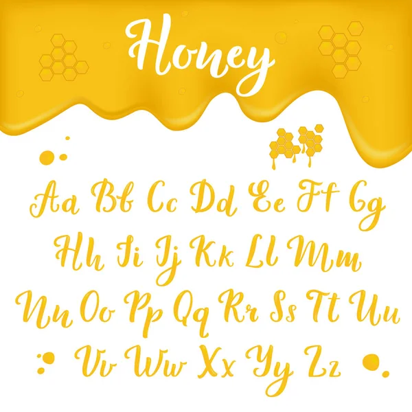 Honig-Alphabet. Gelbe köstliche kalligrafische Buchstaben für die Speisekarte des Restaurants. schöne handgeschriebene Schrift. Vektorskript — Stockvektor
