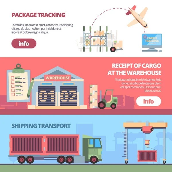 Banieren voor vrachtlevering. laden aanhangwagen in magazijn vliegtuigen transport pakketten. levering dienst vector sjablonen — Stockvector