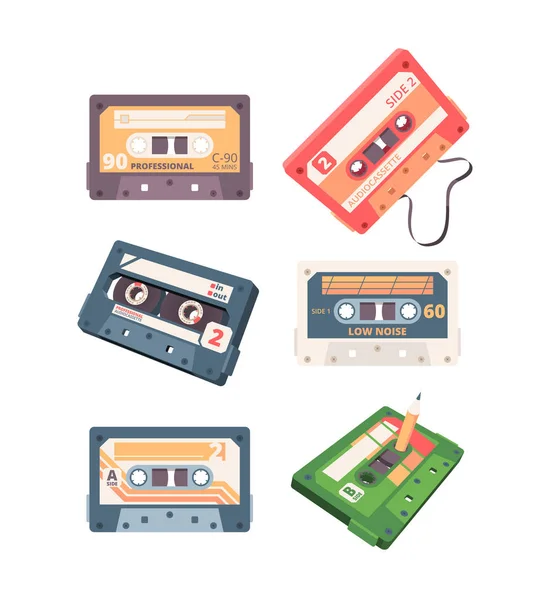 Audiokassette vorhanden. Analoge Retro-Stereokassetten sind nostalgische Symbole von Soundsystemen der 80er Jahre. Vektor-Bildkassette — Stockvektor