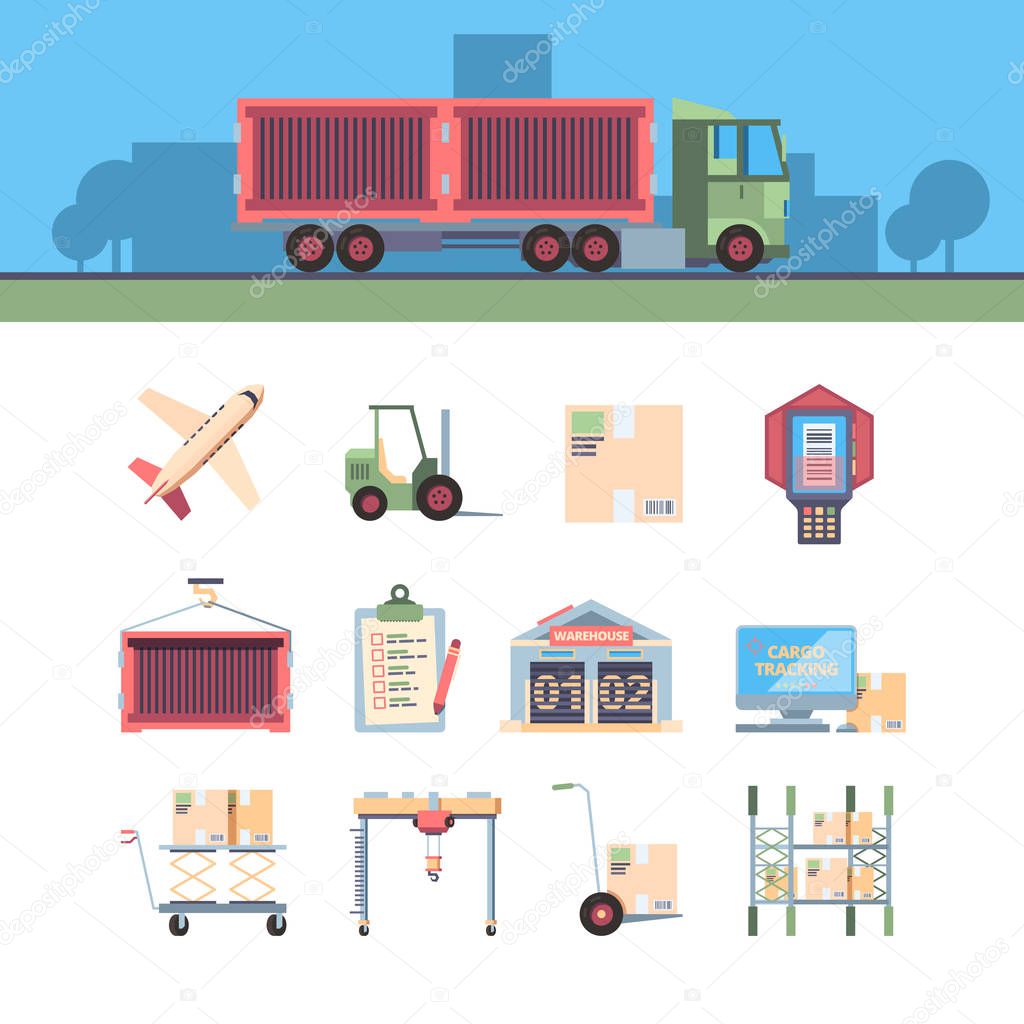 cargo delivery icon. aircraft loader computer warehouse van and other cargo symbols. vector flat illustration