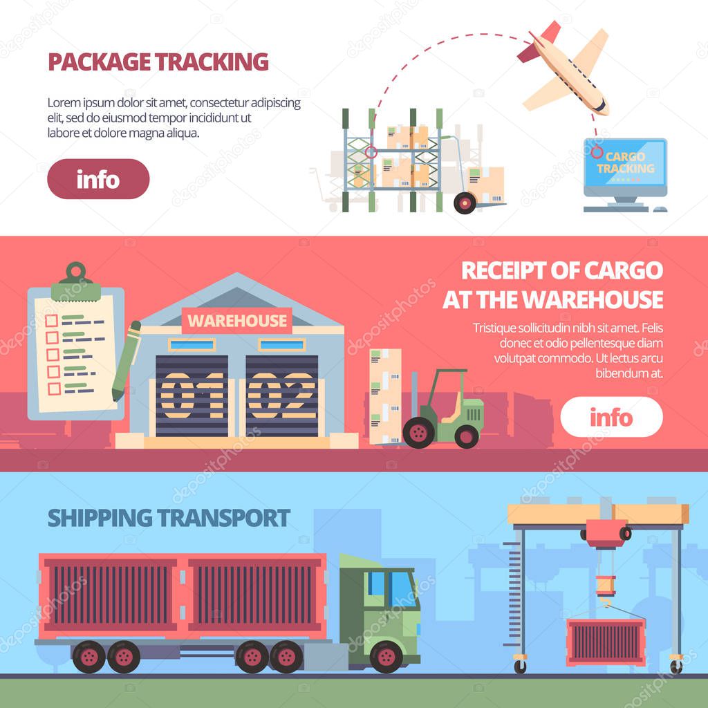 cargo delivery banners. loading trailer in warehouse aircraft transportation packages. delivery service vector templates