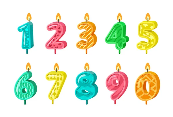 Numéros d'anniversaire. anniversaire bougies décoratives gâteaux. fête d'anniversaire de la maternelle. vecteur célébrant des signes pour enfant — Image vectorielle