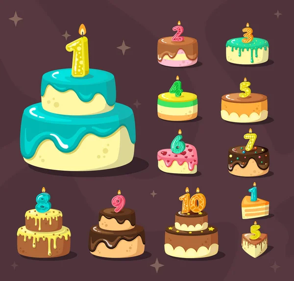 Torte di compleanno. deliziosi dessert con numeri di anniversario e candele da festa. set compleanno cartone animato vettoriale — Vettoriale Stock