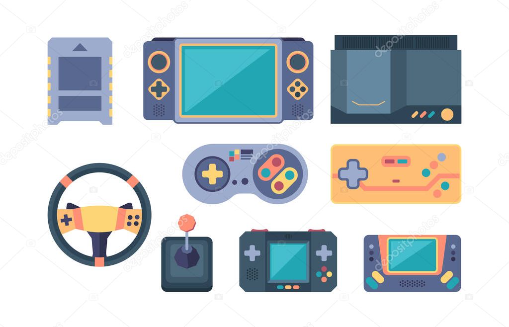 game console. video gaming devices 80s retro for video players geek gamepads controllers fun. vector computer items