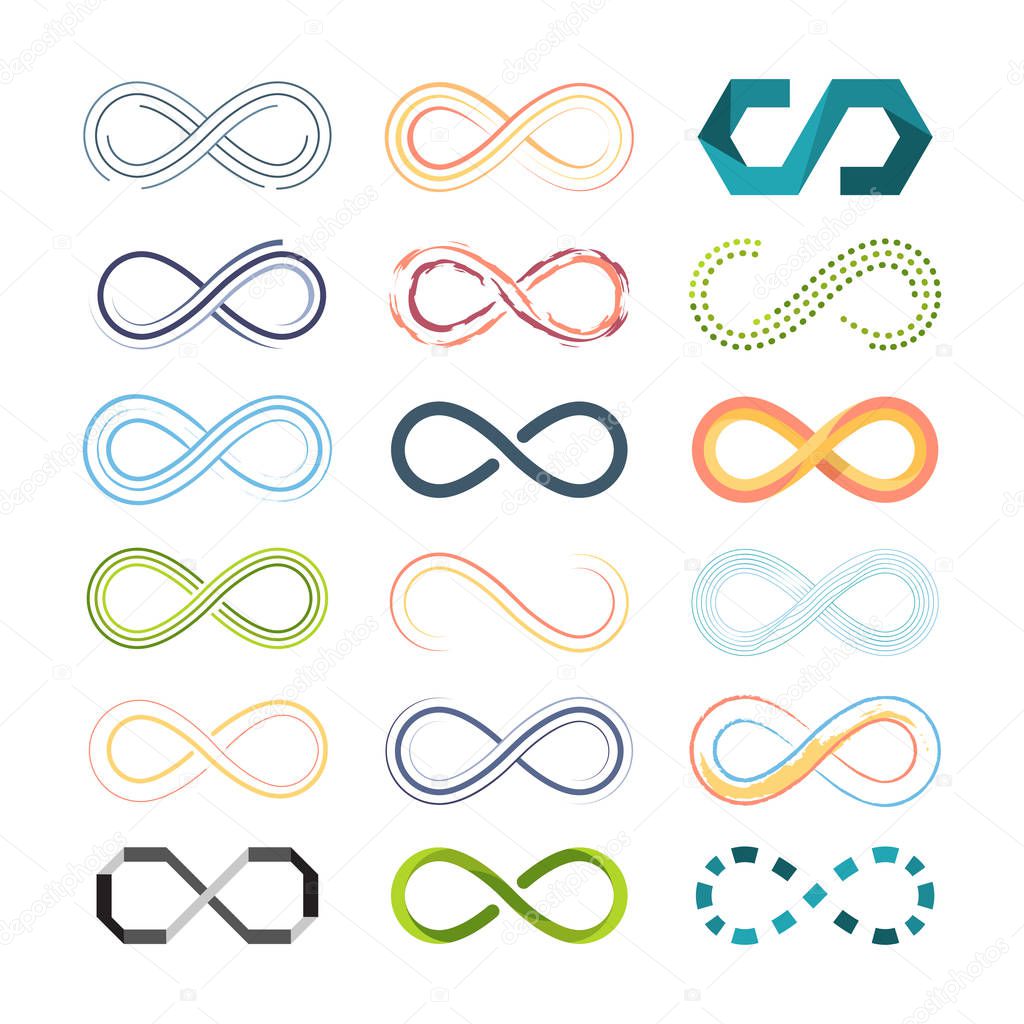 infinity colored symbols. abstract shapes of futuristic logos eternity symbols in graphic symbolism. vector collection