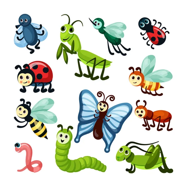 Insecten. vliegen insecten natuur wilde dieren mooie vlinder sprinkhanen slakken en rupsen. Vector cartoon insecten — Stockvector