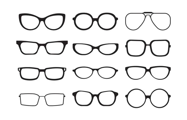 Silueta de gafas. modelos de moda de plástico fresco de diferentes marcos de gafas con estilo. vector monocromo símbolos conjunto — Vector de stock