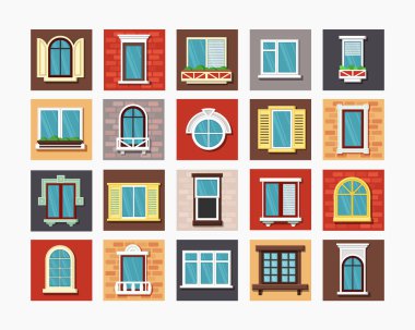 windows. outdoor building windows frame in different styles exterior wooden elements collection. Vector isolated objects